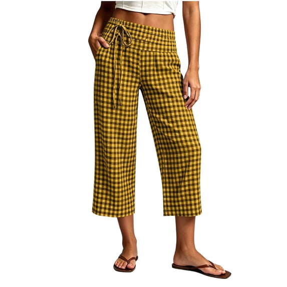 Sahpxhe Plaid Loose Wide Leg Capris for Women Drawstring Elastic High Waist Casual Vacation Cropped Pants with Pockets Yellow XL