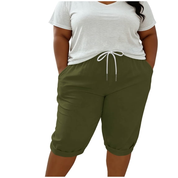 Sahpxhe Plus Size Cotton Capri Pants for Women Drawstring Elastic Waist Loose Capris Pants Casual Summer Vacation Comfy Wear Army Green XXXXXL