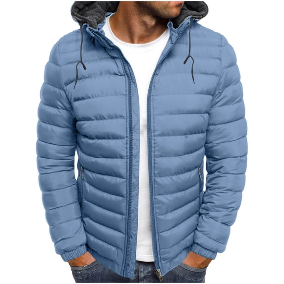 Sahpxhe Puffer Jacket Men Hooded Full Zip Lightweight Winter Quilted Jacket Warm Casual Padded Outdoor Travel Coat with Pockets Light Blue XXL