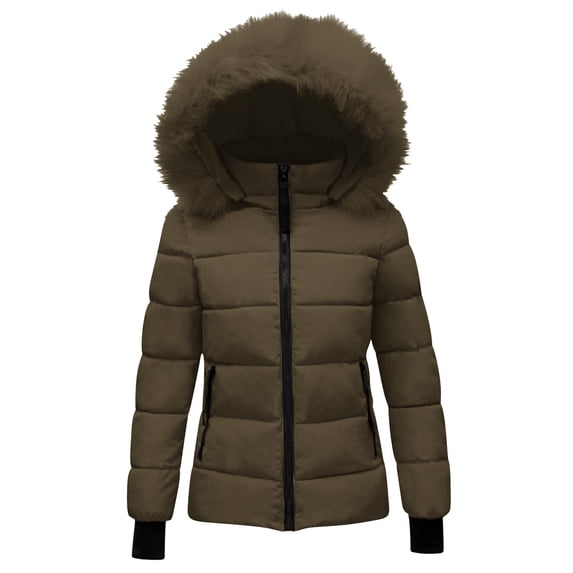 Sahpxhe Puffer Jacket Womens Zip Up Casual Winter Quilted Padded Jacket with Faux Fur Hood Long Sleeve Outerwear Brown XXXL