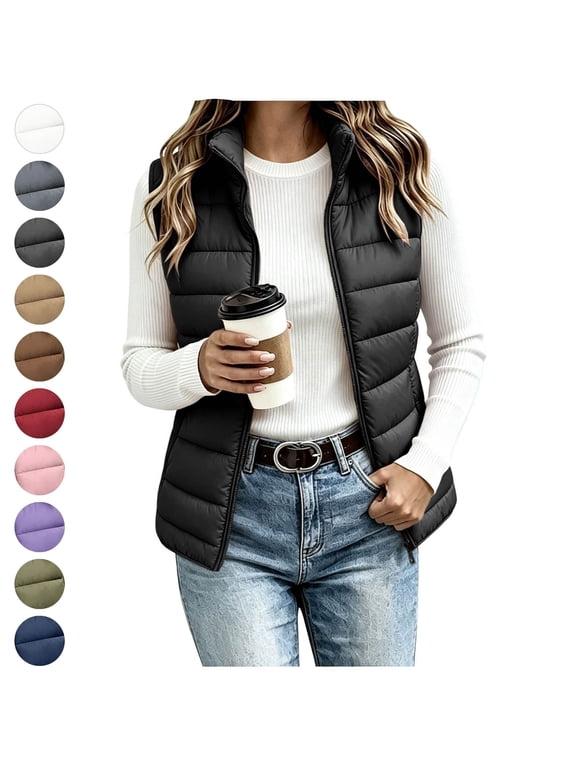 Puffer Vest Women Zip Up Stand Collar Sleeveless Lightweight Warm Jackets Casual Outerwear Winter Layering Piece Black XXL