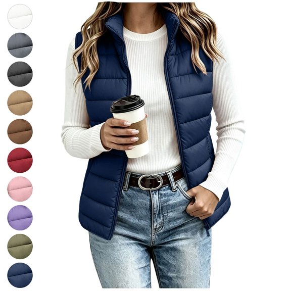 Sahpxhe Puffer Vest Women Zip Up Stand Collar Sleeveless Lightweight Warm Jackets Casual Outerwear Winter Layering Piece Blue S
