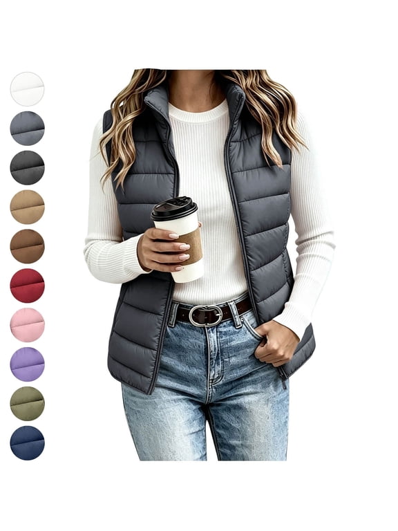 Puffer Vest Women Zip Up Stand Collar Sleeveless Lightweight Warm Jackets Casual Outerwear Winter Layering Piece Dark Gray XXL