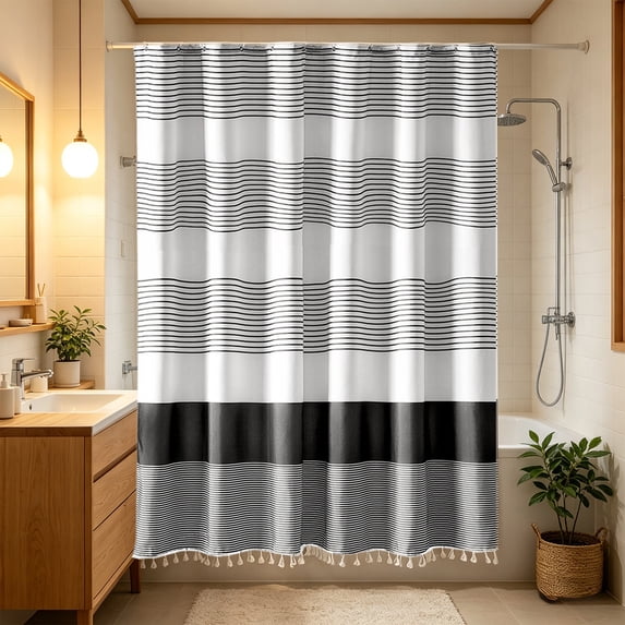 Sahpxhe Shower Curtain Strip Pattern Thickened Waterproof Shower Curtain Liner with Tassels,-Mildew Bathroom Partition for Dry-Wet Separation,36.2X72in,Black