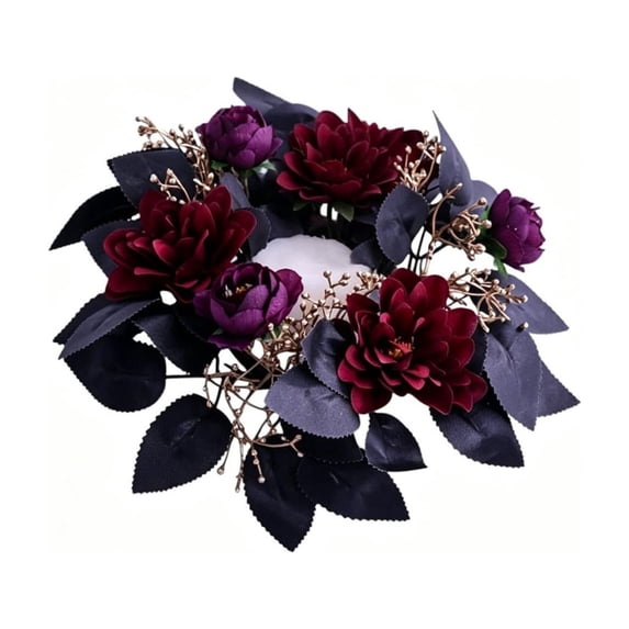 Sahpxhe Small Burgundy Rose Black Leaves Wreath Halloween Decoration,Artificial Fall Table Centerpiece for Thanksgiving Home Kitchen Table Centerpieces Wall Decor,8.66x8.66x2.36in Black-B
