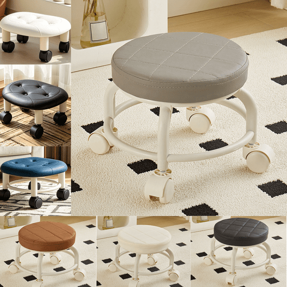 Sahpxhe Step Stool Rolling Low Stool with Caster Wheels,Padded Leather Seat Kitchen Step Stool,Mobile Creeper for Cleaning,Home,Garage Gray