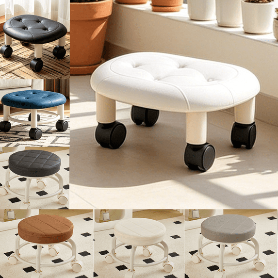 Sahpxhe Step Stool Rolling Low Stool with Caster Wheels,Padded Leather Seat Kitchen Step Stool,Mobile Creeper for Cleaning,Home,Garage White-A