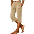 thumbnail image 1 of Sahpxhe Stretchy Straight Leg Capris for Women Elastic Waist Casual Capris Pants with Pockets Relaxed Fit Comfy Yoga Pants Beige S, 1 of 6