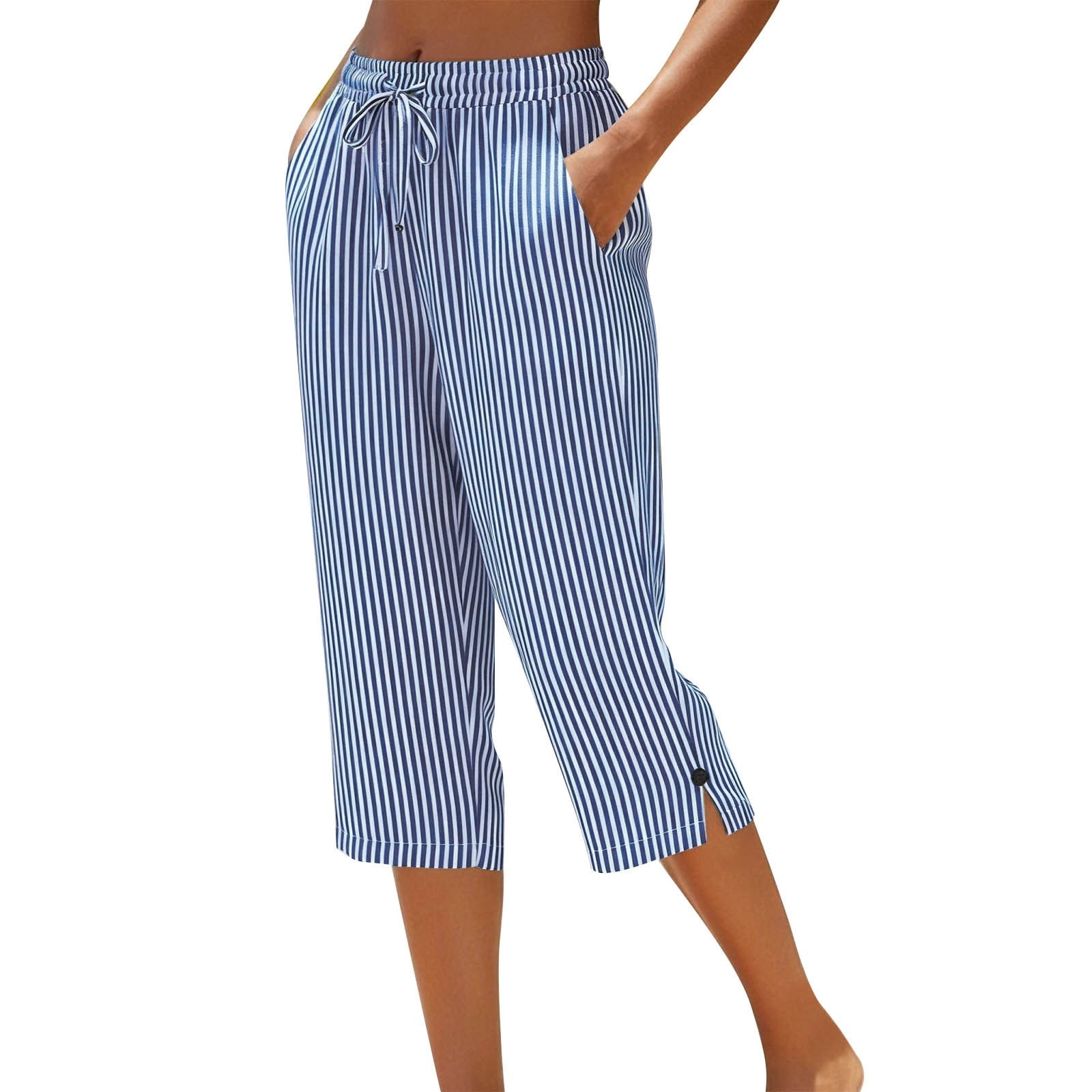 Sahpxhe Striped Capri Pants for Women Elastic Waist Casual