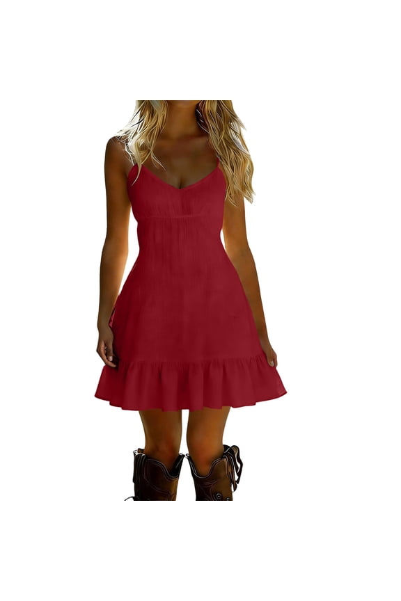 Summer Beach Dresses for Women V-Neck Spaghetti Strap Backless Ruffle Mini Dress Cotton Linen Casual Pretty Sundress Red L