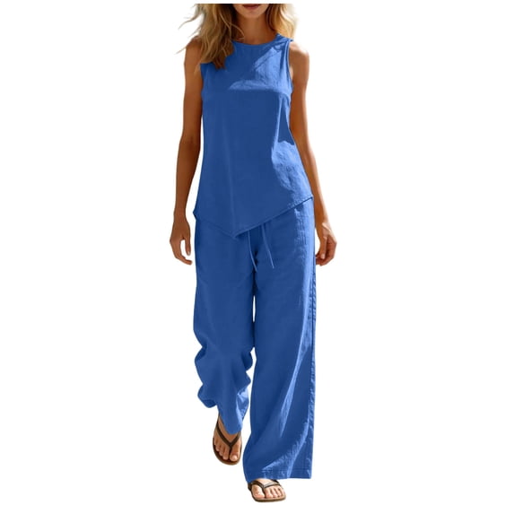 Sahpxhe Summer Cotton Sets for Women Crew Neck Sleeveless Tank Top Drawstring Wide Leg Pants 2 Piece Loose Casual Matching Sets Blue S
