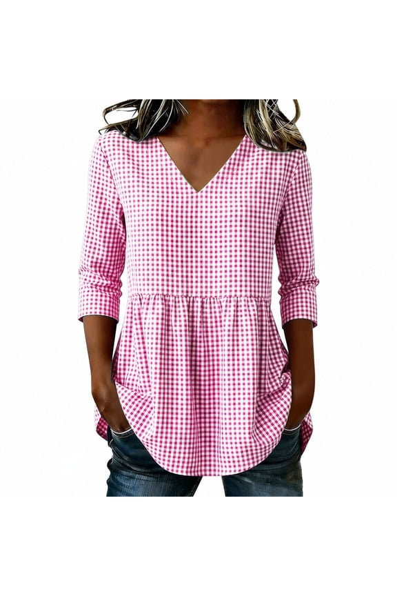 Summer Peplum Plaid Tops for Women Cotton V-Neck 3/4 Sleeve Blouses Casual Loose Soft Comfy Tunic Shirts Pink S
