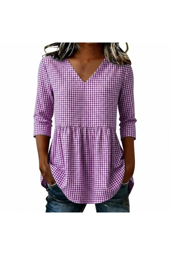 Summer Peplum Plaid Tops for Women Cotton V-Neck 3/4 Sleeve Blouses Casual Loose Soft Comfy Tunic Shirts Purple M