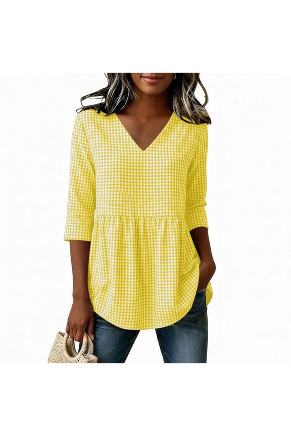 Summer Peplum Plaid Tops for Women Cotton V-Neck 3/4 Sleeve Blouses Casual Loose Soft Comfy Tunic Shirts Yellow M
