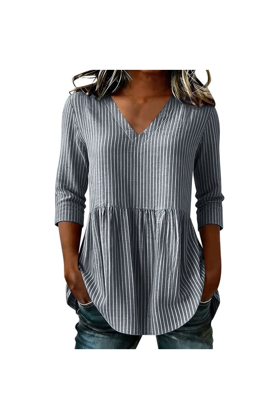 Summer Peplum Striped Tops for Women Cotton V-Neck 3/4 Sleeve Blouses Casual Loose Soft Comfy Tunic Shirts Black S