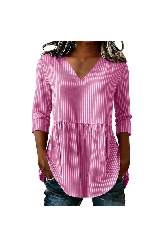 Summer Peplum Striped Tops for Women Cotton V-Neck 3/4 Sleeve Blouses Casual Loose Soft Comfy Tunic Shirts Pink S