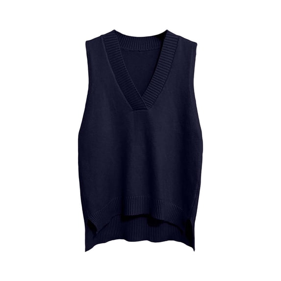 Sahpxhe Sweater Vest Women Sleeveless V Neck Knit Pullover Top Soft Lightweight Sweater Side Slit Hem Layering Piece for Fall Navy Free Size