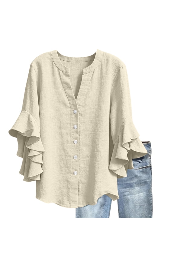 Trendy Blouses for Women V-Neck 3/4 Ruffle Sleeve Button Down Shirts Comfy Cotton Linen Loose Pretty Tops Yellow L