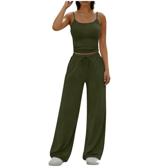 Sahpxhe Two Piece Summer Lounge Sets for Women Crew Neck Cami Tops Elastic Drawstring Waist Wide Leg Pants with Pockets Army Green XL