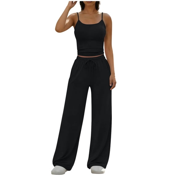 Sahpxhe Two Piece Summer Lounge Sets for Women Crew Neck Cami Tops Elastic Drawstring Waist Wide Leg Pants with Pockets Black L