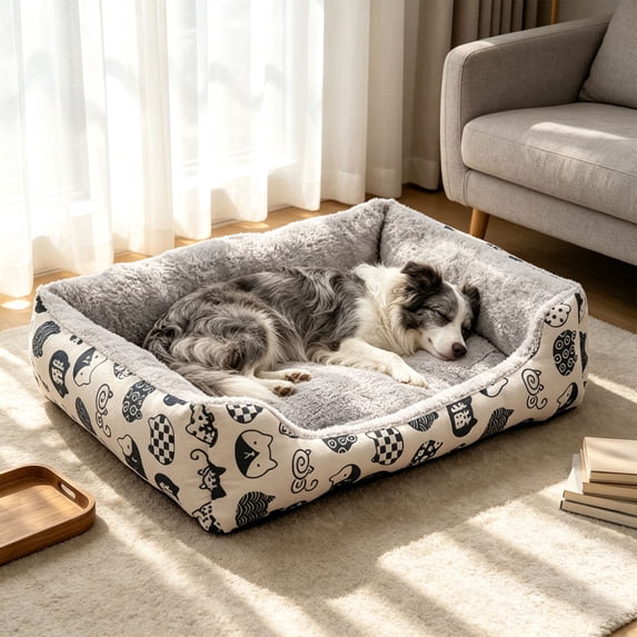 Sahpxhe Winter Dog Bed, Rectangular High Bolster Warm Plush Pet Bed With Cartoon Animal Print For Indoor Cats And Small Medium Dogs