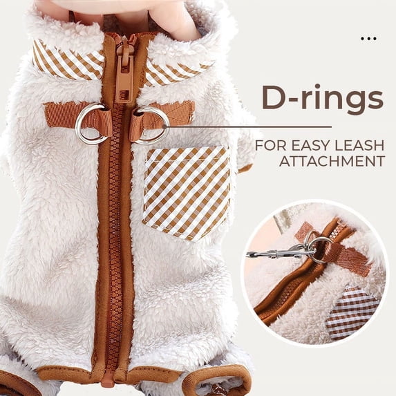 Sahpxhe Winter Dog Cat Coat with D-Rings and Fleece Lined,Warm Fluffy Pet Costume with Zipper Closure,Easy on Off for Christmas Cold Weather Walks,9.8X13.4X10.2in Beige-S