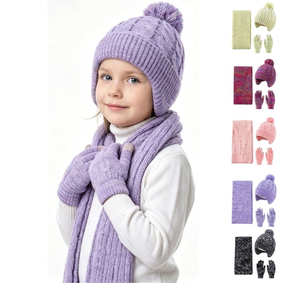 Sahpxhe Winter Hats Scarf Gloves 3 Piece Set Kids Cable Knit Earflap Beanie Cozy Scarf Touchscreen Gloves Warm Accessories Light Purple 2-10 Years