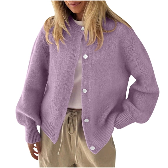 Sahpxhe Women Knit Cardigan Sweaters Crew Neck Button down Long Sleeve Jacket Relaxed Fit Open Front Casual Fall Clothes Purple L