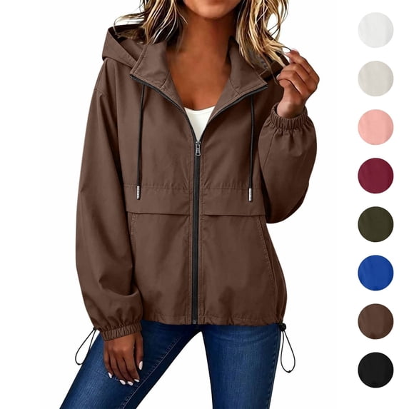 Sahpxhe Women Waterproof Zip Up Jacket Hooded Long Sleeve Drawstring Lightweight Windbreaker Jacket for Sport Travel Brown L