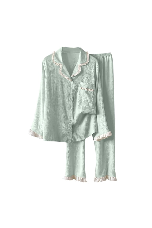 Women's Cotton Pajama Set Long Sleeve and Long Pants 2 Piece Ruffle Matching Loungewear Summer Comfy Sleepwear Green M