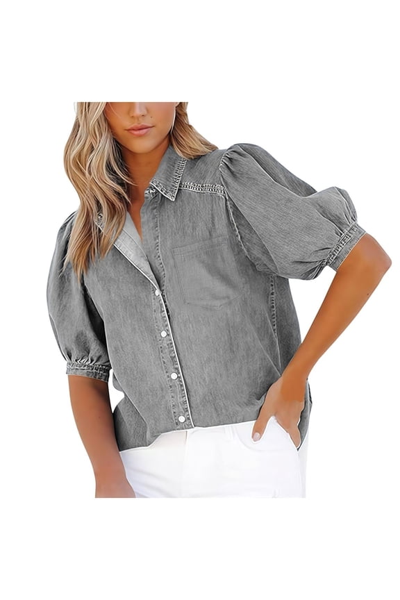 Women's Denim-Like Shirt Puff Sleeve Button Down Trendy Blouse Summer Collared Tops with Chest Pocket Gray S