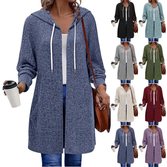 Sahpxhe Women's Long Cardigan Sweaters Oversized Hooded Drawstring Open Front Layering Tops Casual Cozy Ribbed Knit for Fall Navy S