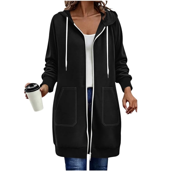 Sahpxhe Women's Mid-Length Hoodies Zip up Long Sleeve Loose Casual Sweatshirts with Pockets Fall Cozy Outerwear Jacket Black L