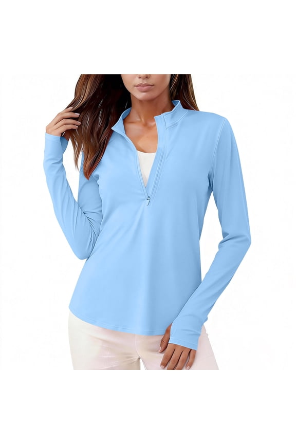 Women's Quarter Zip Long Sleeve Sun Protection Top Quick Dry Athletic Workout Shirt for Hiking Jogging Blue S