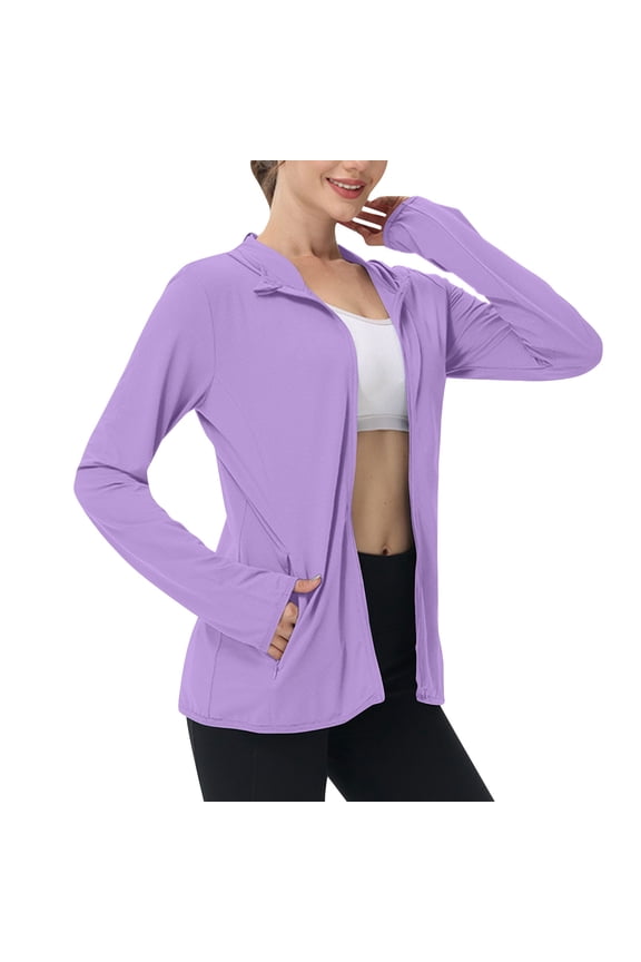 Women's Sun Protection Hoodie Jacket Long Sleeve Zip-Up Lightweight Casual Shirts with Zipper Pockets Purple L
