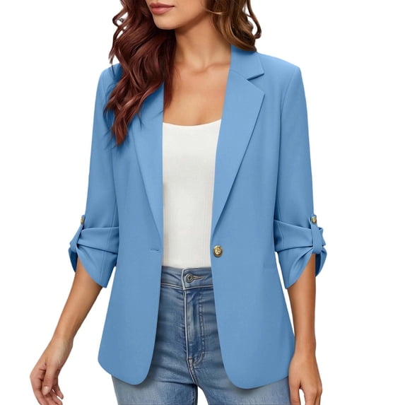 Sahpxhe Womens 3/4 Sleeve Blazers Single Button Notched Lapel Relaxed Fit Business Casual Suit Jacket Open Front Trendy Blazer Blue S