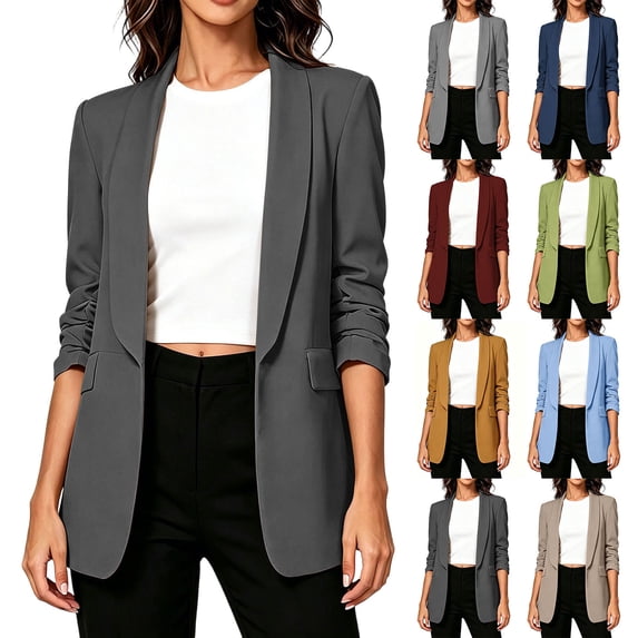 Sahpxhe Womens Blazer Open Front Ruched 3/4 Sleeve Shawl Collar Blazer Casual Business Long Suit Jacket with Lining Light Blue S