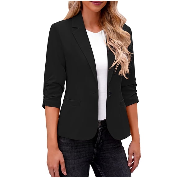 Sahpxhe Womens Blazer Ruched 3/4 Sleeve Notch Lapel One Button Work Business Casual Slim Fit Suit Jacket Black M