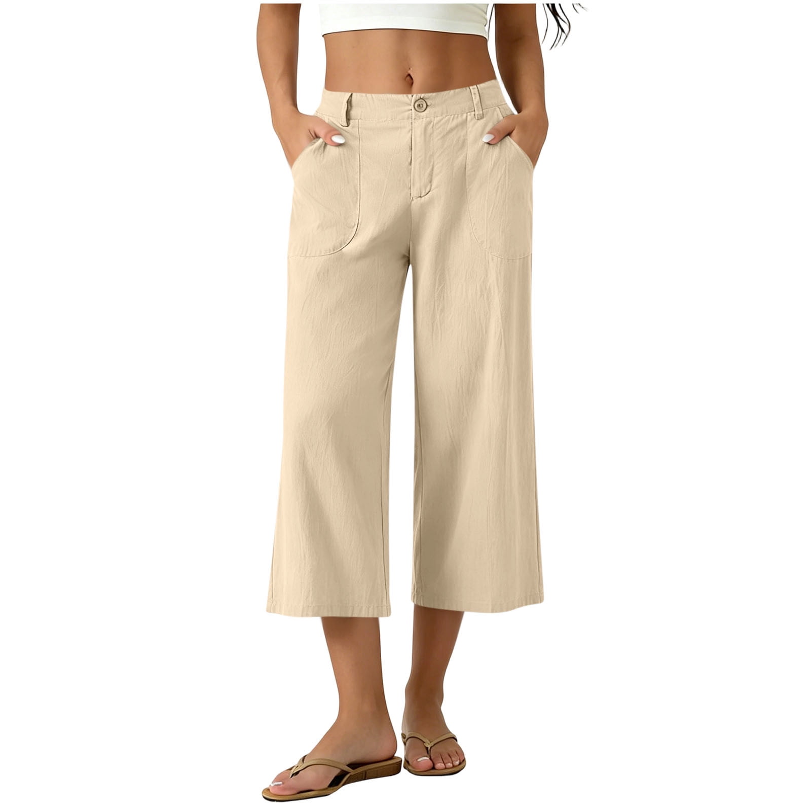 Sahpxhe Womens Capri Pants Elastic Waist Straight Wide Leg Cotton