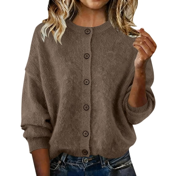 Sahpxhe Womens Cardigan Sweaters Crew Neck Button down Long Sleeve Sweater Relaxed Fit Casual Trendy Knit Tops Coffee M