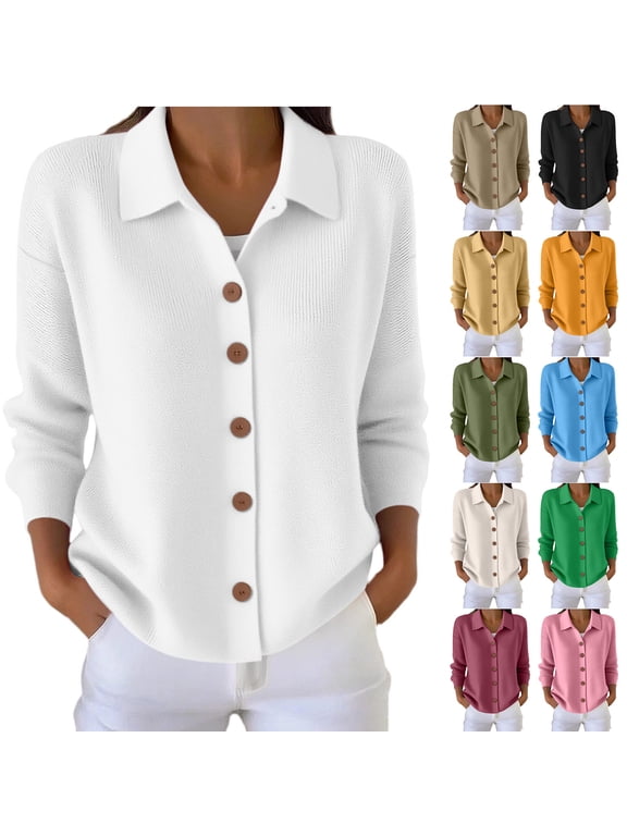Womens Cardigan Sweaters Loose Collared Long Sleeve Button up Knit Cardigan Casual Warm Sweater Coat for Fall Army Green S