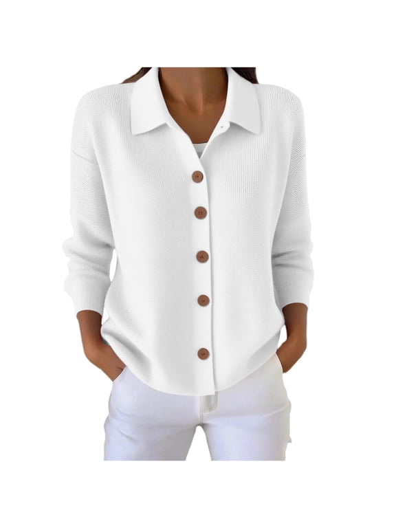 Womens Cardigan Sweaters Loose Collared Long Sleeve Button up Knit Cardigan Casual Warm Sweater Coat for Fall White L