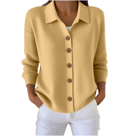 Sahpxhe Womens Cardigan Sweaters Loose Collared Long Sleeve Button up Knit Cardigan Casual Warm Sweater Coat for Fall Yellow S