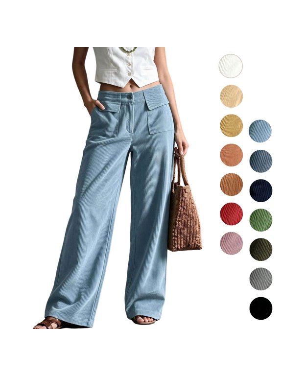 Womens Corduroy Pants High Elastic Waist Button Fly Wide Leg Trousers Casual Loose Fit Vintage Palazzo Pants Light Blue S