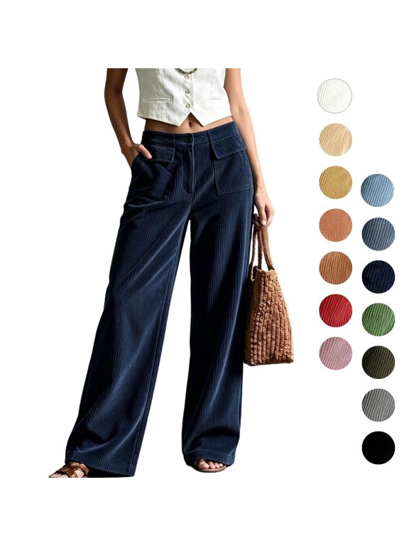 Womens Corduroy Pants High Elastic Waist Button Fly Wide Leg Trousers Casual Loose Fit Vintage Palazzo Pants Navy M