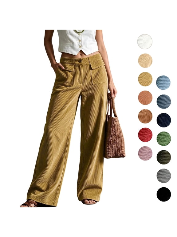 Womens Corduroy Pants High Elastic Waist Button Fly Wide Leg Trousers Casual Loose Fit Vintage Palazzo Pants Yellow S