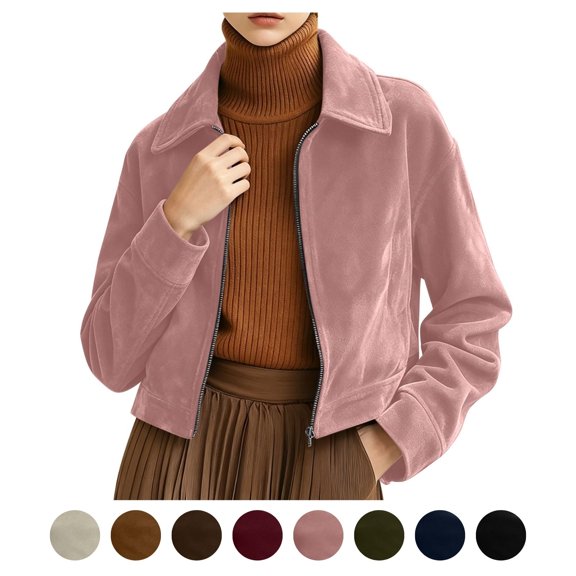 Sahpxhe Womens Cropped Jacket Collared Full Zip Long Sleeve Lined Vintage Jacket Soft Faux Suede Outerwear for Fall Pink XL