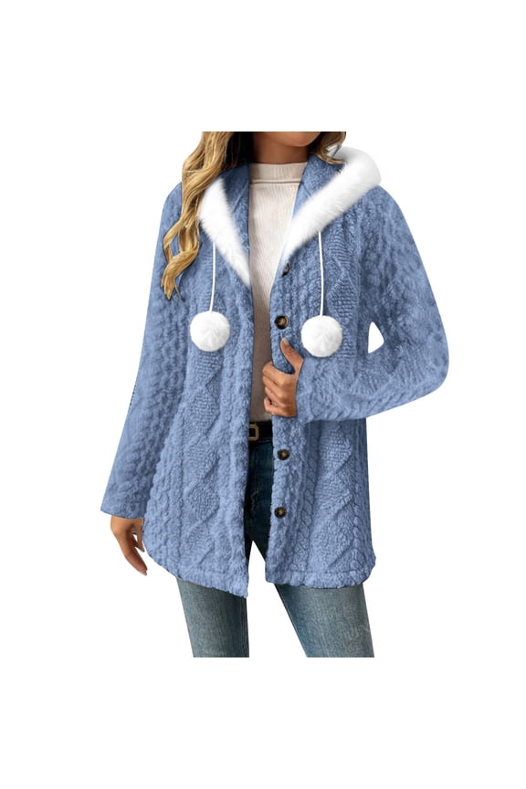 Womens Fuzzy Sweater Jacket Hooded Mid-Length Long Sleeve Button Front Pom Pom Drawstring Coat Warm Winter Cardigan Blue M