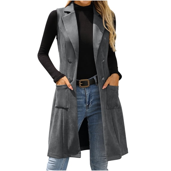 Sahpxhe Womens Long Blazer Vest Open Front Sleeveless Notched Lapel Jackets Casual Vintage Layering Vest with Pockets Dark Gray M
