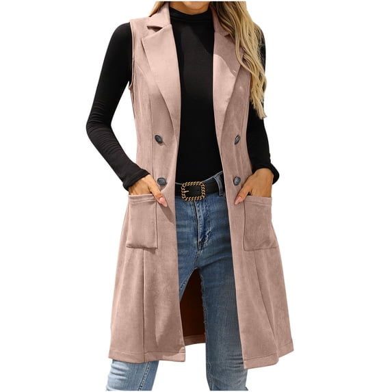 Sahpxhe Womens Long Blazer Vest Open Front Sleeveless Notched Lapel Jackets Casual Vintage Layering Vest with Pockets Pink S